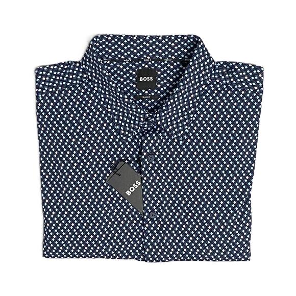 Boss Men's XL Slim Fit Button-Up Shirt Blue Diamond Stretch NEW - Picture 1 of 12